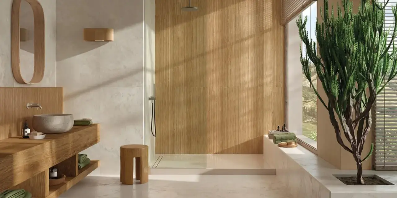 Salle de bain zen avec un type de carrelage imitation bois dans la douche et un carrelage clair au sol.