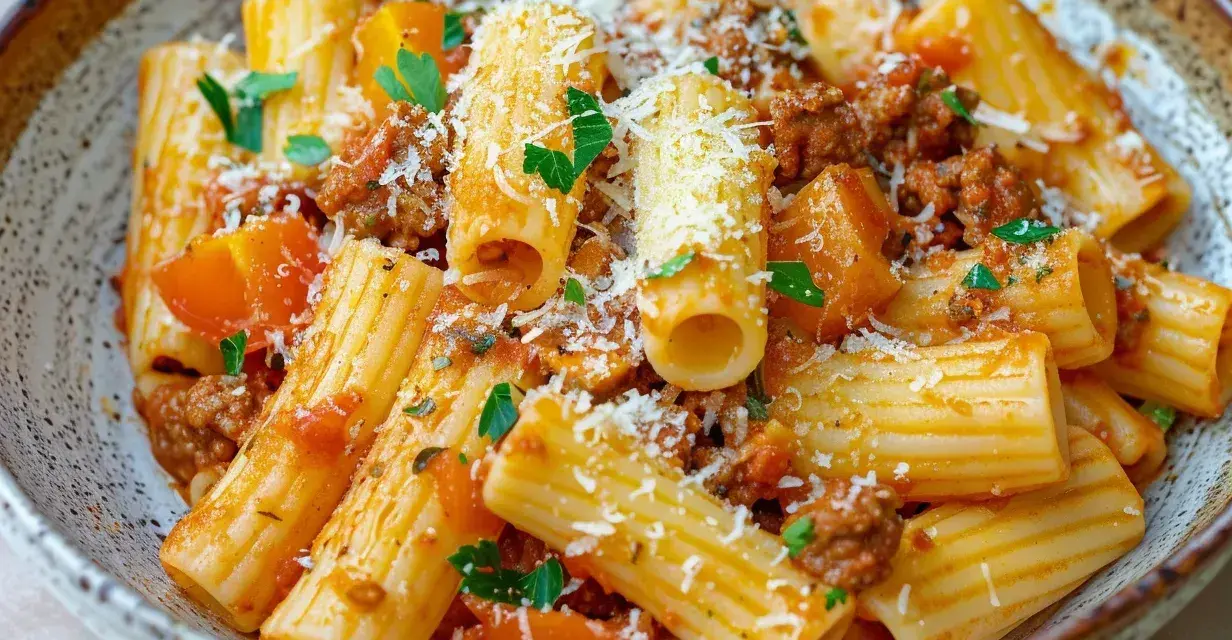 En skål med rigatoni pasta med en mustig köttfärssås och bitar av tomat. Toppad med riven parmesan och färsk persilja. Perfekt vin till salsiccia pasta.
