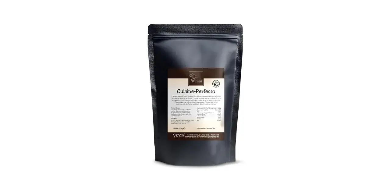 Dunkler Beutel mit "Cuisine-Perfecto" Aufdruck, einem veganen Sahneersatz für die Zubereitung von milchfreier crème glacée.
