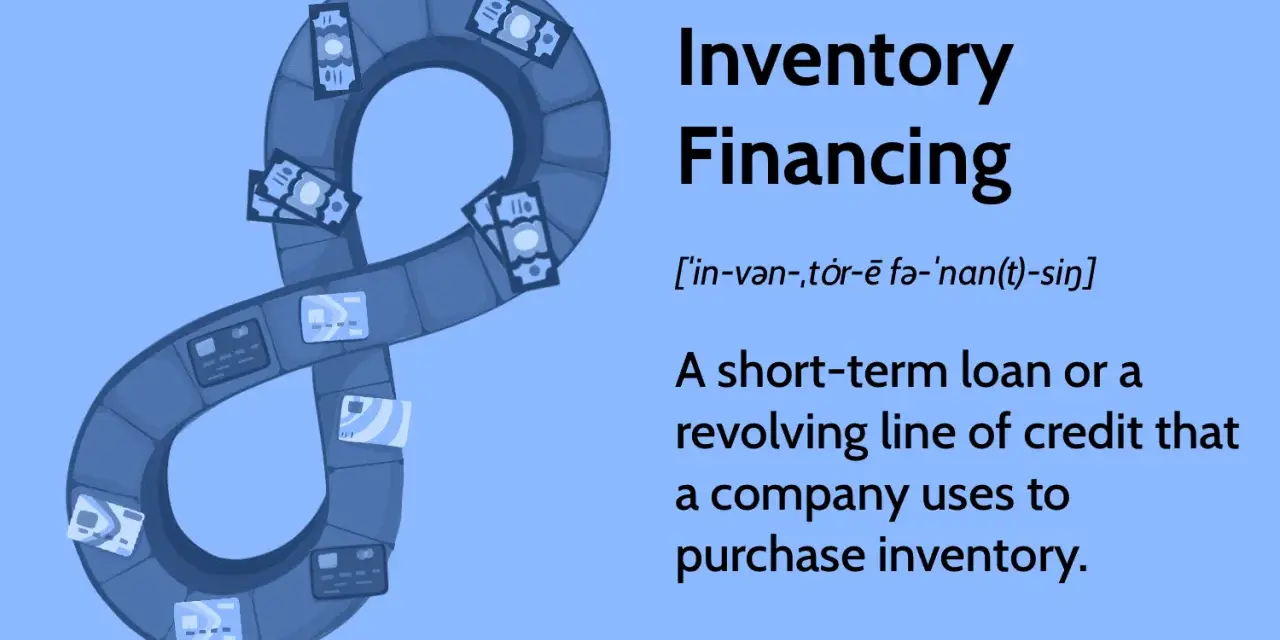 A blue infinity symbol made of blocks, with cash and credit cards on it, illustrates inventory financing.