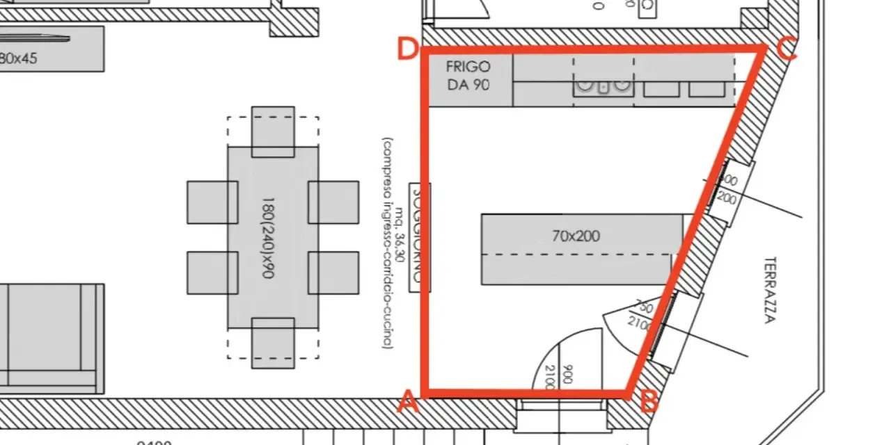 Planimetria con area evidenziata in rosso, utile per capire come si calcola il metro quadro di un soggiorno.