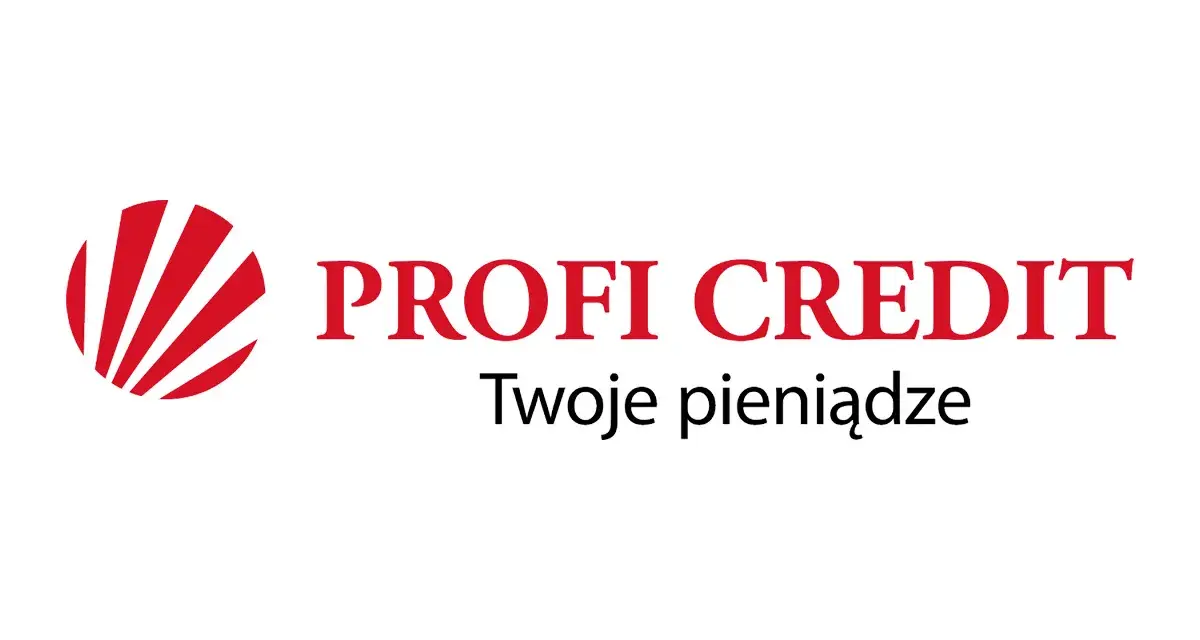 Logo PROFI CREDIT z hasłem "Twoje pieniądze". W tle czerwono-biały symbol.