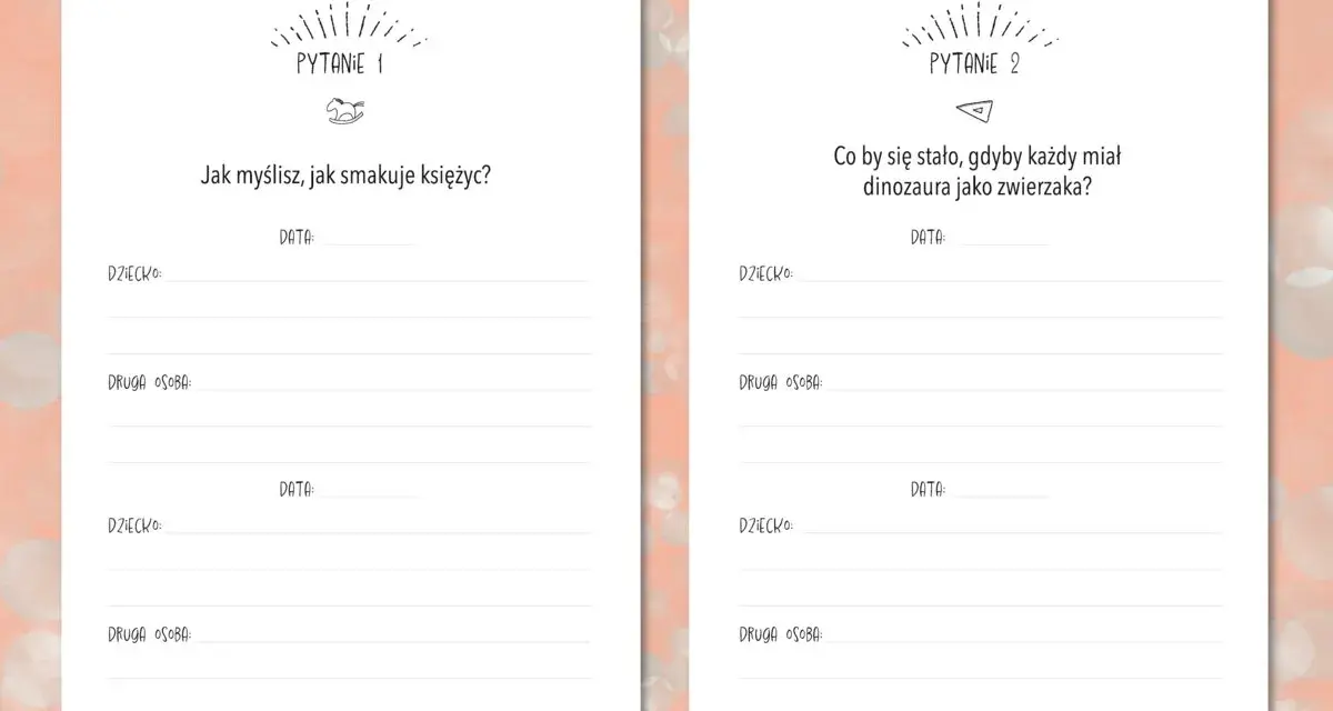 Zestaw pytań do rozmowy: "Jak smakuje księżyc?" i "Co by się stało, gdyby każdy miał dinozaura?". Idealne do wspólnego spędzania czasu.