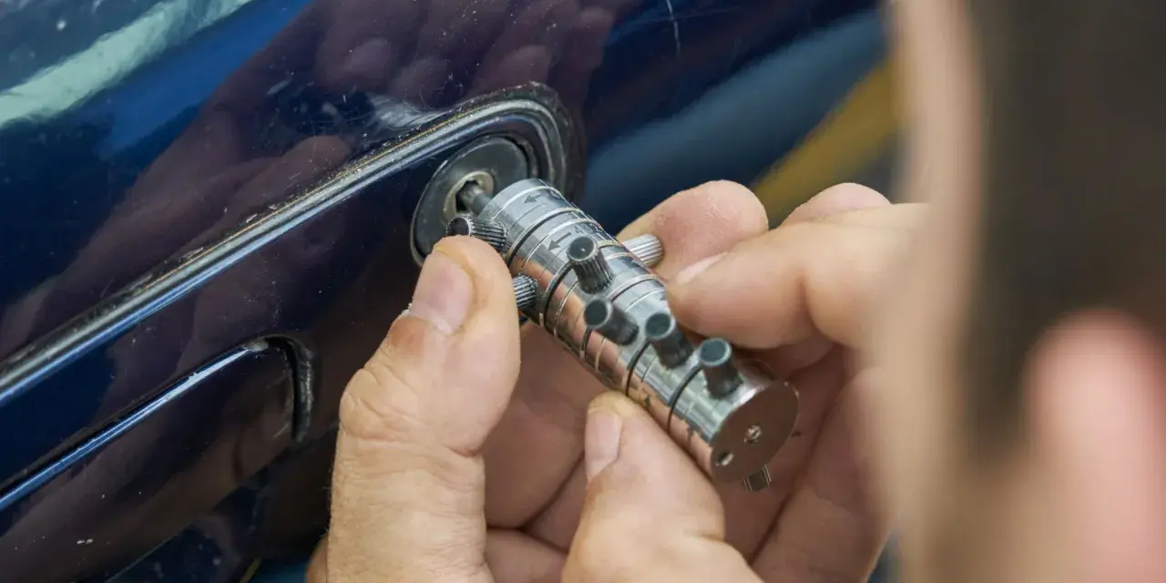 Specjalista manipuluje zamkiem, by otworzyć auto. Dowiedz się, ile kosztuje awaryjne otwieranie samochodu.
