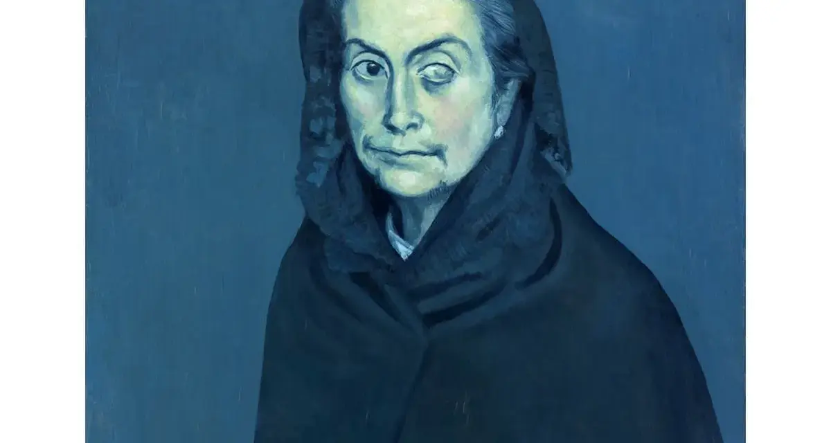 Portrait mélancolique d'une femme voilée, typique de la période bleue de Picasso.
