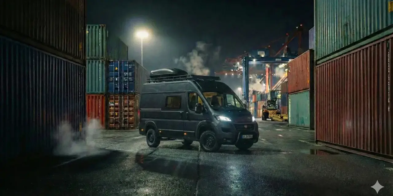 Mörk Fiat Ducato står vid en hamn, omgiven av containrar. Rök stiger från marken, kanske ett tecken på fiat ducato automatlåda problem.