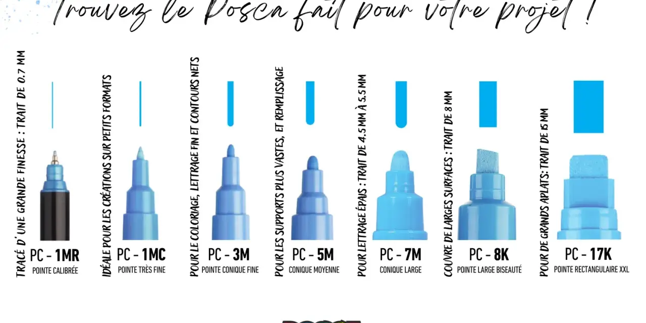 Divers feutres Posca bleus aux pointes variées, du fin au large, pour tous vos projets créatifs. Le vernis fixateur Posca assure la durabilité.