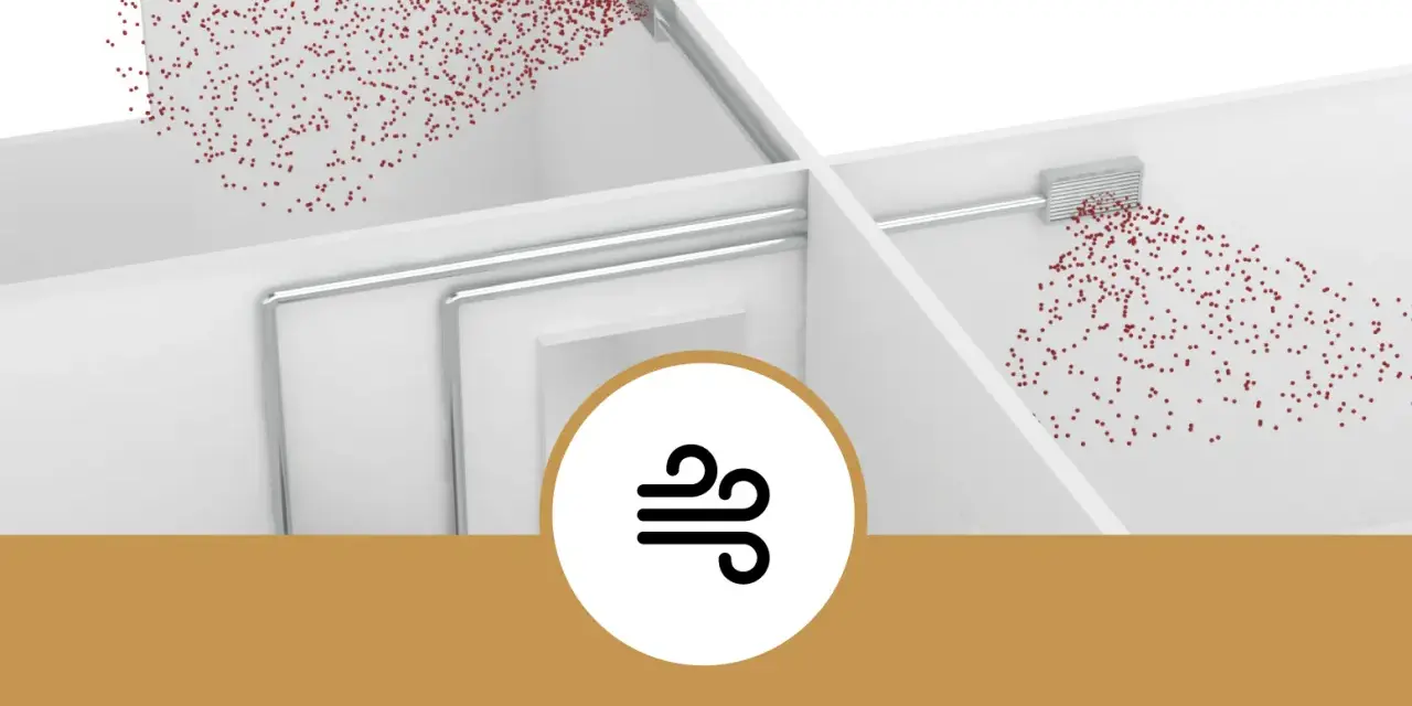 Illustrazione che mostra come funziona la stufa a pellet: il calore viene diffuso nell'ambiente tramite bocchette, creando un flusso d'aria.