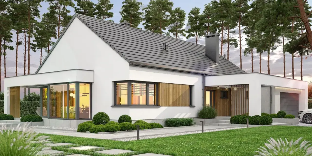 Nowoczesne domy parterowe do 120m2. Biały, minimalistyczny budynek z dużymi oknami i drewnianymi elementami, otoczony zielenią.