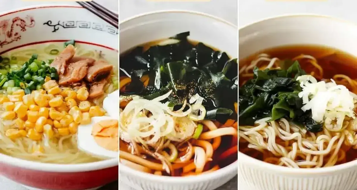 Trzy miski z zupą: ramen z jajkiem i kukurydzą, udon co to jest – z wodorostami i szczypiorkiem, oraz soba z wodorostami.