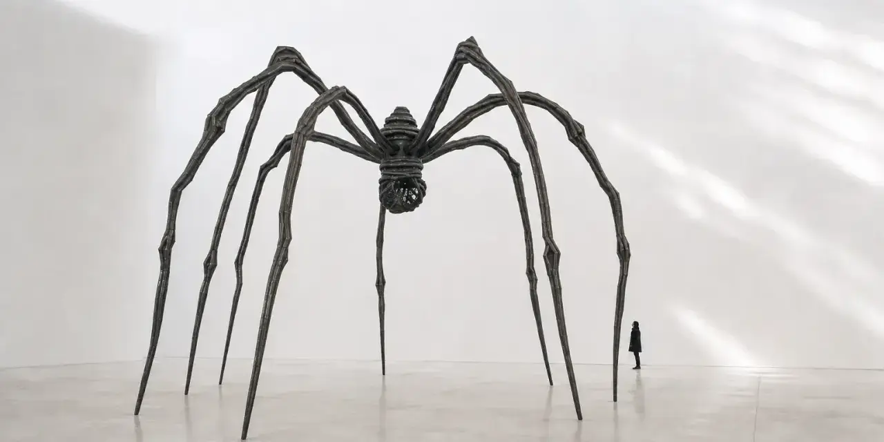 Une araignée monumentale, œuvre d'un artiste contemporain, domine une salle d'exposition. Une silhouette humaine, petite, contemple cette sculpture imposante.