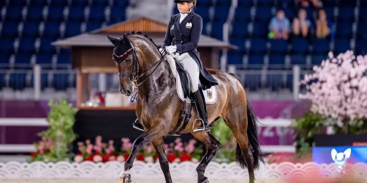 Une cavalière en tenue d'apparat, Sandro Hit, exécute une figure de dressage devant un public.