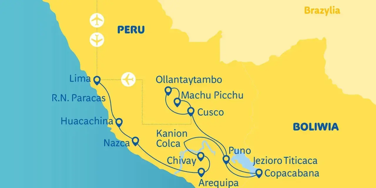 Mapa pokazuje, gdzie jest Peru, z zaznaczonymi miastami: Lima, Cusco, Machu Picchu, Puno i Jezioro Titicaca.