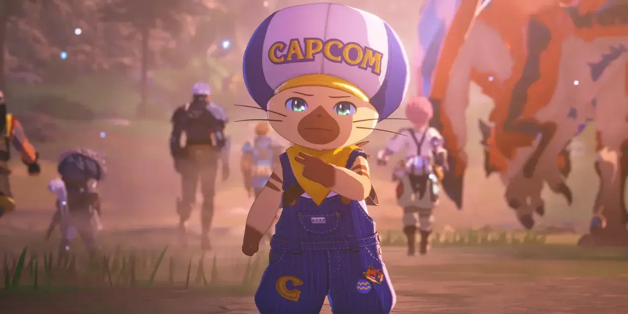 Un personaje felino con gorra de Capcom y overol azul, listo para la aventura en Monster Hunter Stories 3.