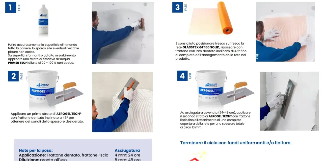 Applicazione di pannelli aerogel per cappotto interno: pulizia, primer, posa rete e stesura prodotto con frattone.