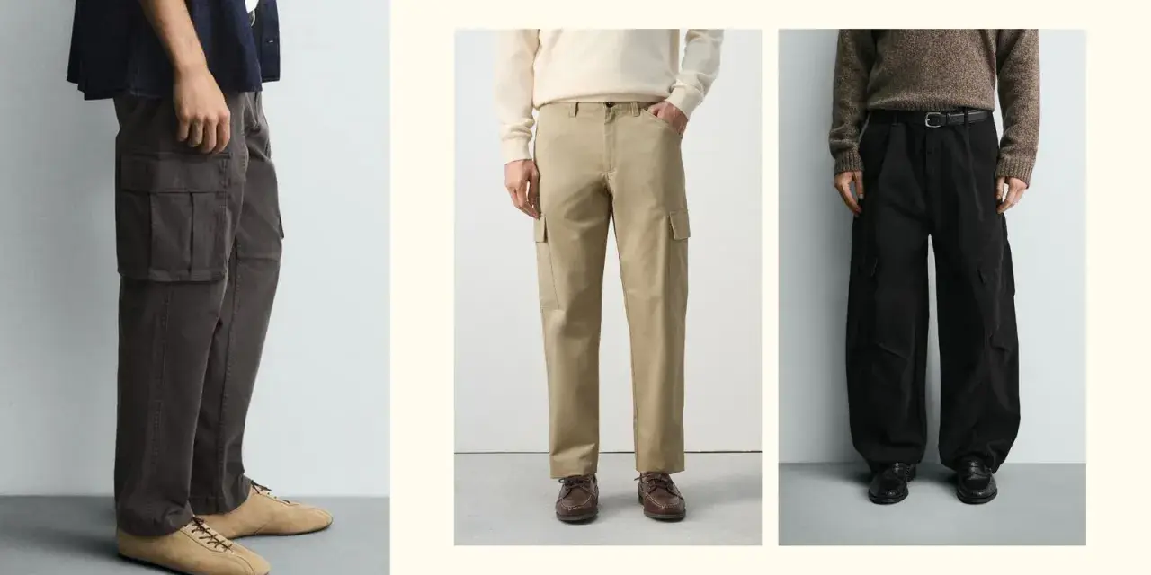 Uomini con pantaloni cargo: praticità e stile. Il loro significato è nella funzionalità, con tasche ampie per ogni esigenza.