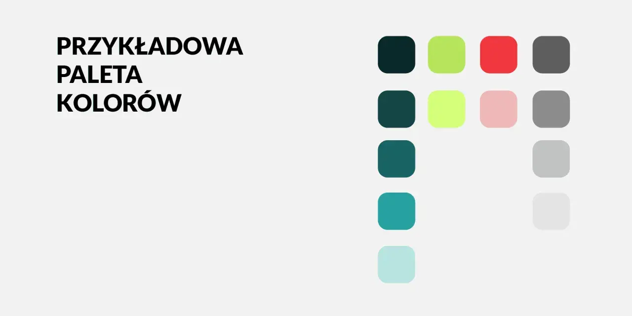 Przykładowa paleta kolorów: ciemna zieleń, limonka, czerwień, szarości, błękit.