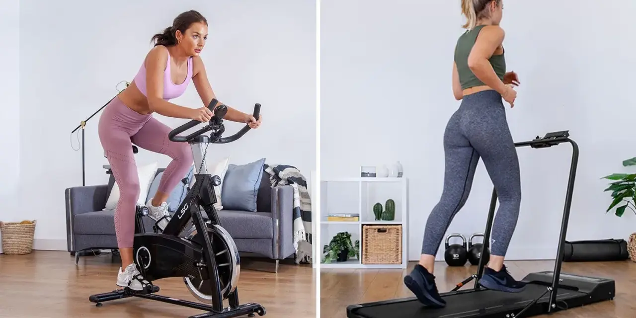 Left: Woman on a stationary bike. Right: Woman running on an incline treadmill.