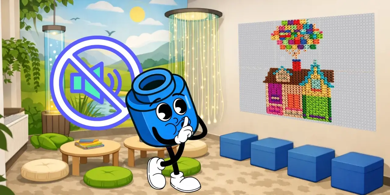 Postać z klocka uczy regulacji emocji u dzieci, pokazując znak ciszy. W tle mural z naturą i domkiem z koralików.