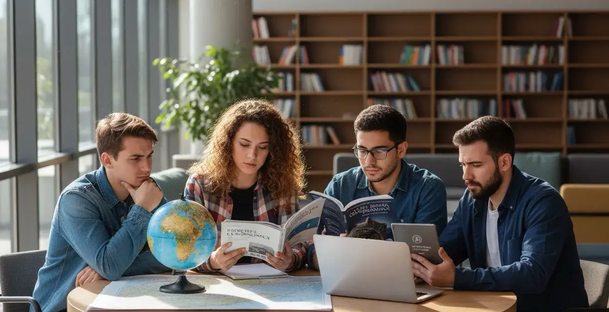Studenci przy okrągłym stole z globusem i mapami. Zastanawiają się, jakie studia po maturze z geografii wybrać, analizując materiały.