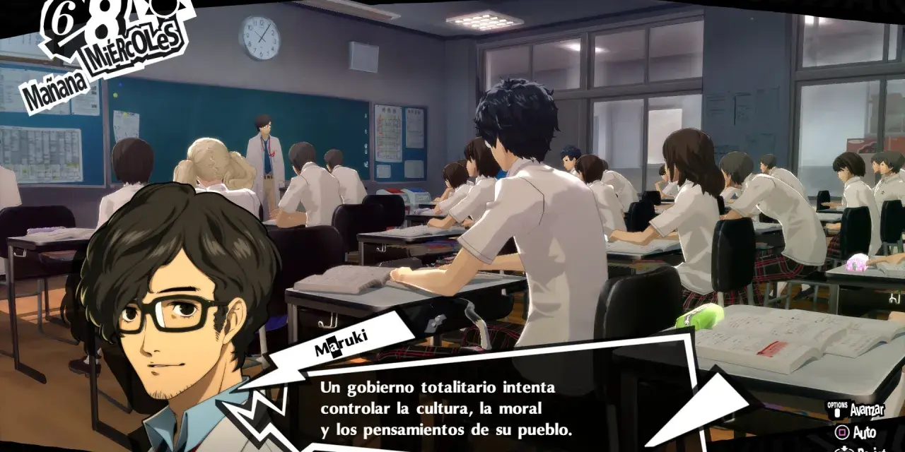 En clase de Persona 5 Royal, Maruki habla sobre gobiernos totalitarios.