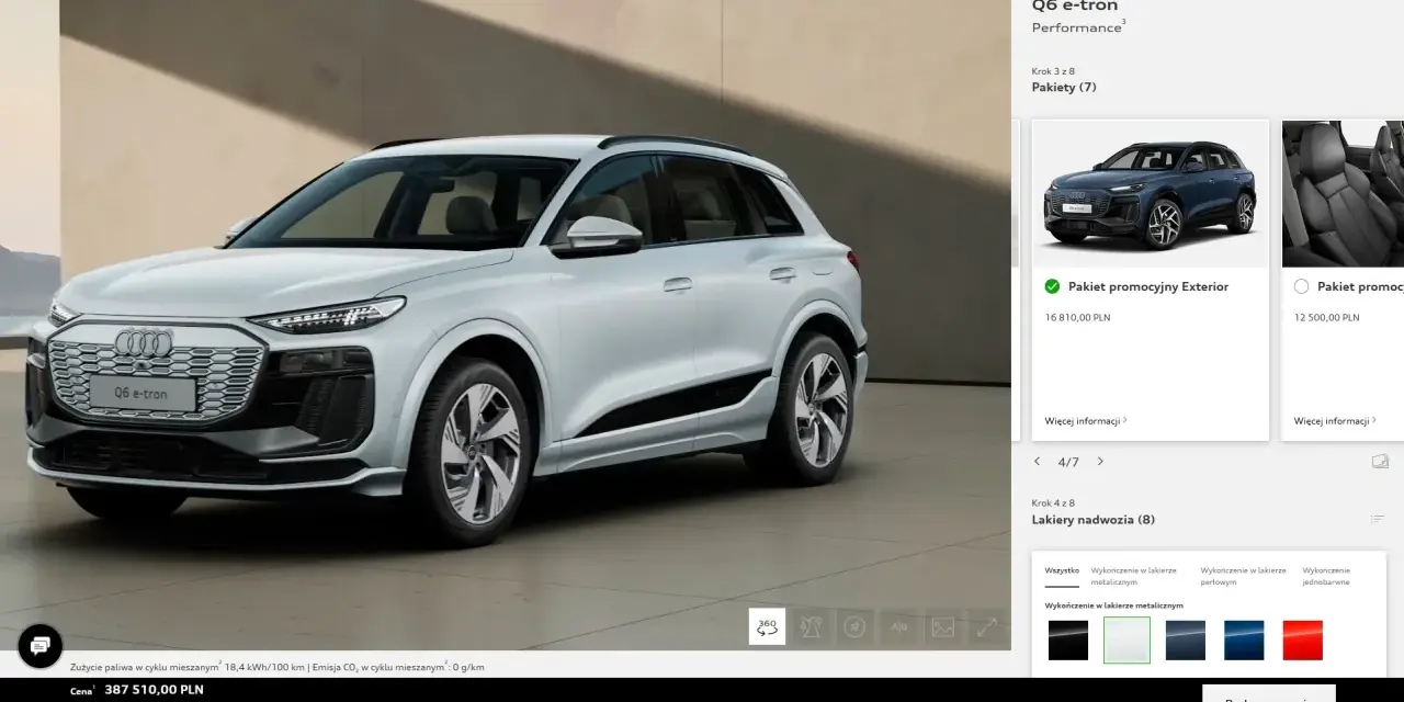 Audi Q6 e-tron cena: 387 510,00 PLN. Konfiguracja obejmuje pakiet promocyjny Exterior.