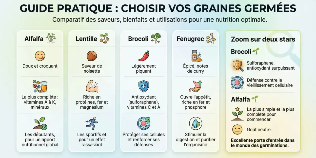 Guide comparatif des graines germées : Alfalfa, Lentille, Brocoli, Fenugrec. Zoom sur les bienfaits du brocoli et de l'alfalfa.