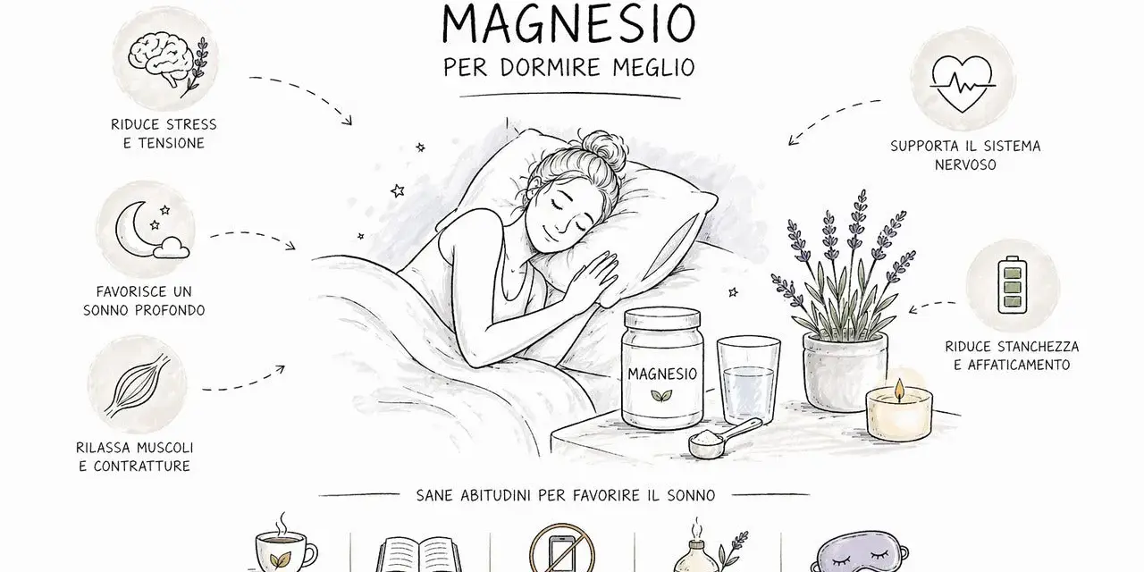 Donna dorme serenamente, circondata da elementi che promuovono il rilassamento muscolare profondo e un sonno ristoratore.