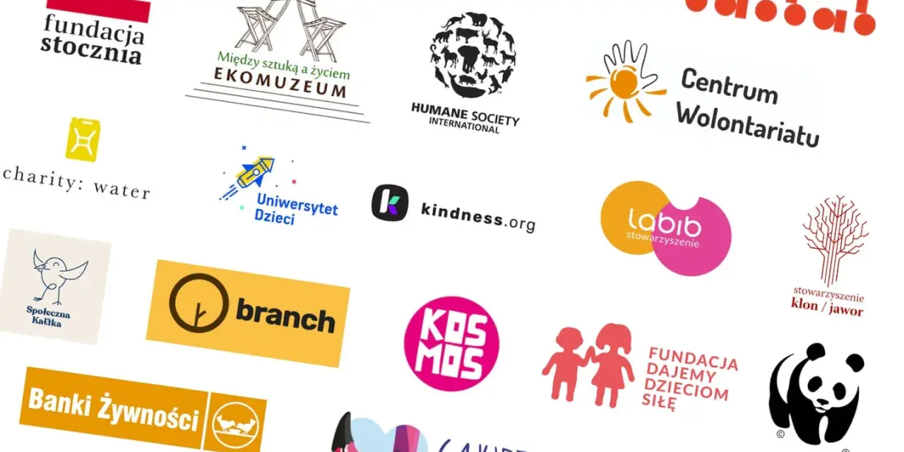 Zbiór różnorodnych logotypów organizacji pozarządowych i charytatywnych, m.in. Fundacja Stocznia, Centrum Wolontariatu, WWF.