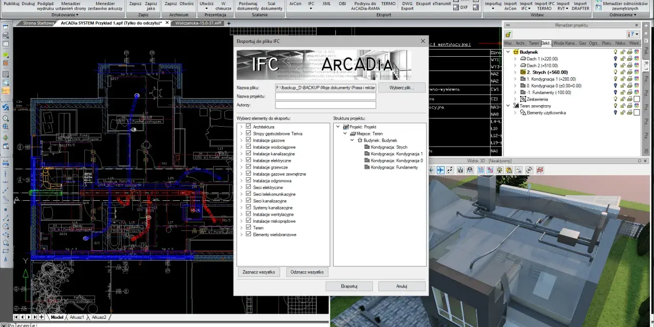 Widok 3D z programu RVT viewer, pokazujący model budynku z instalacjami.