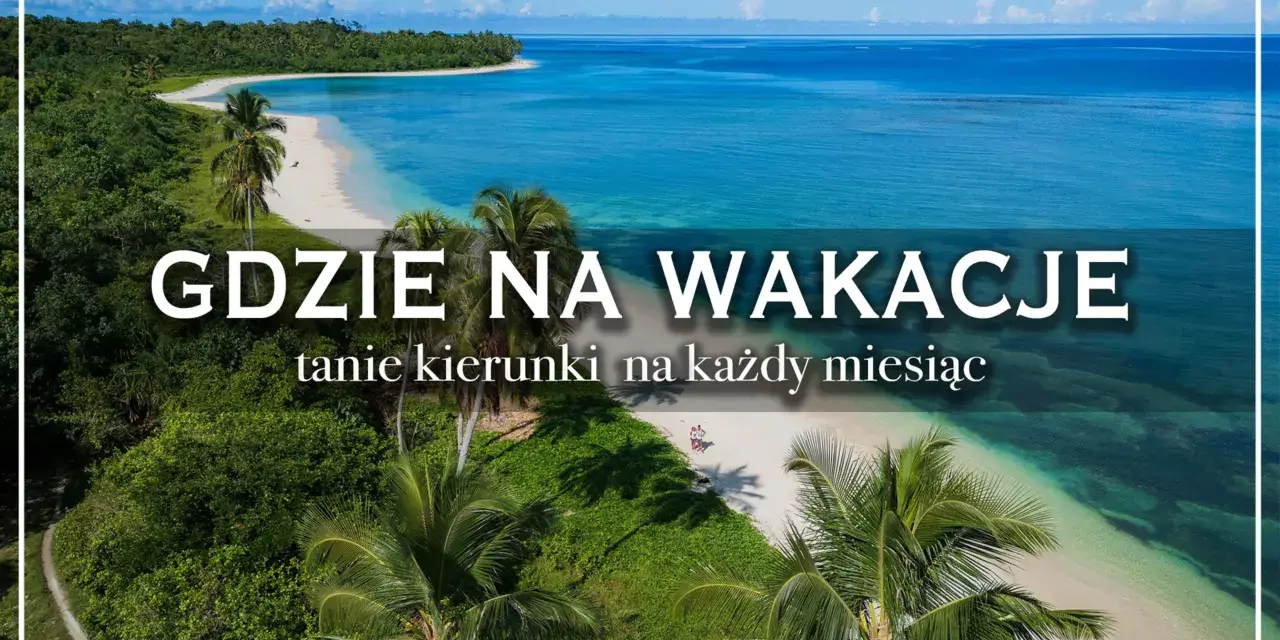 Tropikalna plaża z palmami i turkusową wodą, z napisem "Gdzie na wakacje".