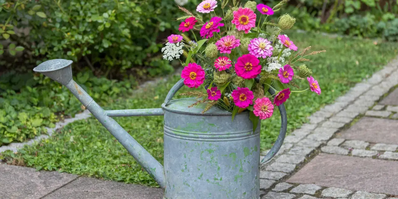Ein Strauß bunter Zinnien in einer alten Gießkanne, die als dekorativer Blickfang dient. Der ideale Zinnien Standort ist sonnig.