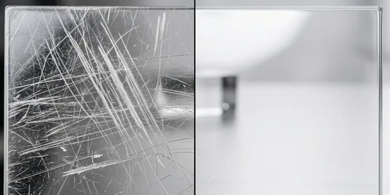 Before: heavily scratched polycarbonate. After: flawlessly restored. This shows that polycarbonate does scratch easily, but can be repaired.