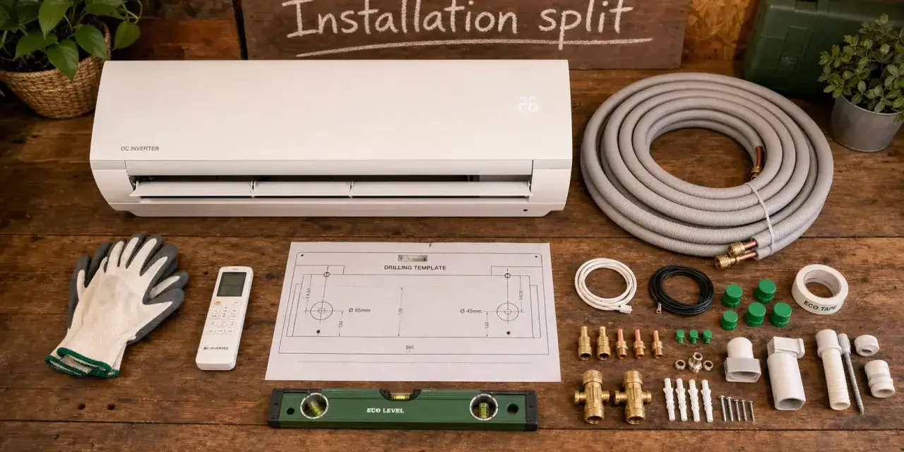 Tout le nécessaire pour installer la clim chez soi : unité intérieure, tuyaux, télécommande, niveau, gabarit de perçage et accessoires.