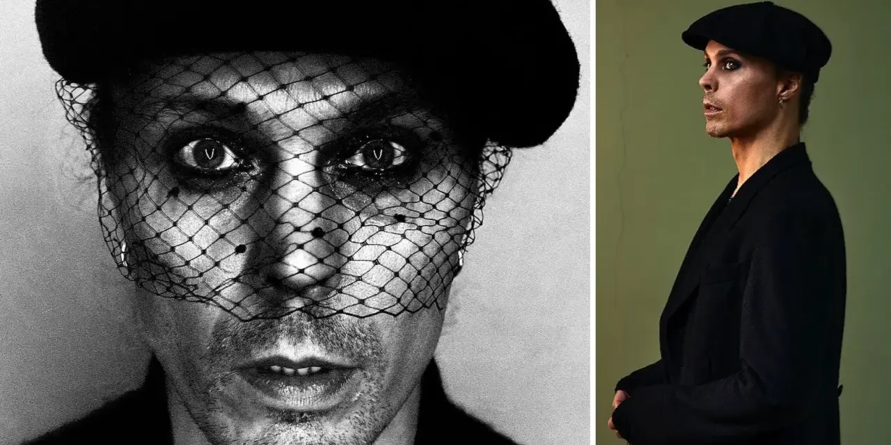 Dwie fotografie: zbliżenie na twarz him ville valo w woalce i beret, oraz postać w czarnym płaszczu i kaszkiecie.