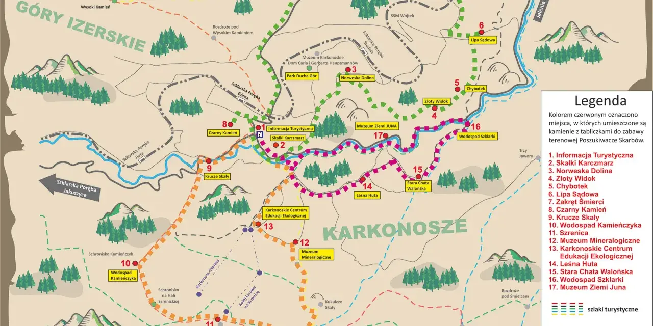 Mapa turystyczna "Magiczny Szlak Ducha Gór" z zaznaczonym szlakiem walońskim, prowadzącym przez Góry Izerskie i Karkonosze.