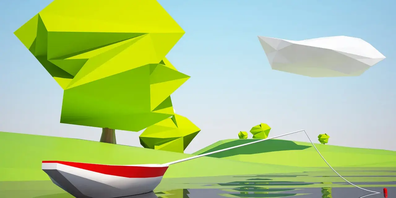 Łódka z czerwonym pasem na wodzie, w tle stylizowane drzewa i chmura w stylu low poly.