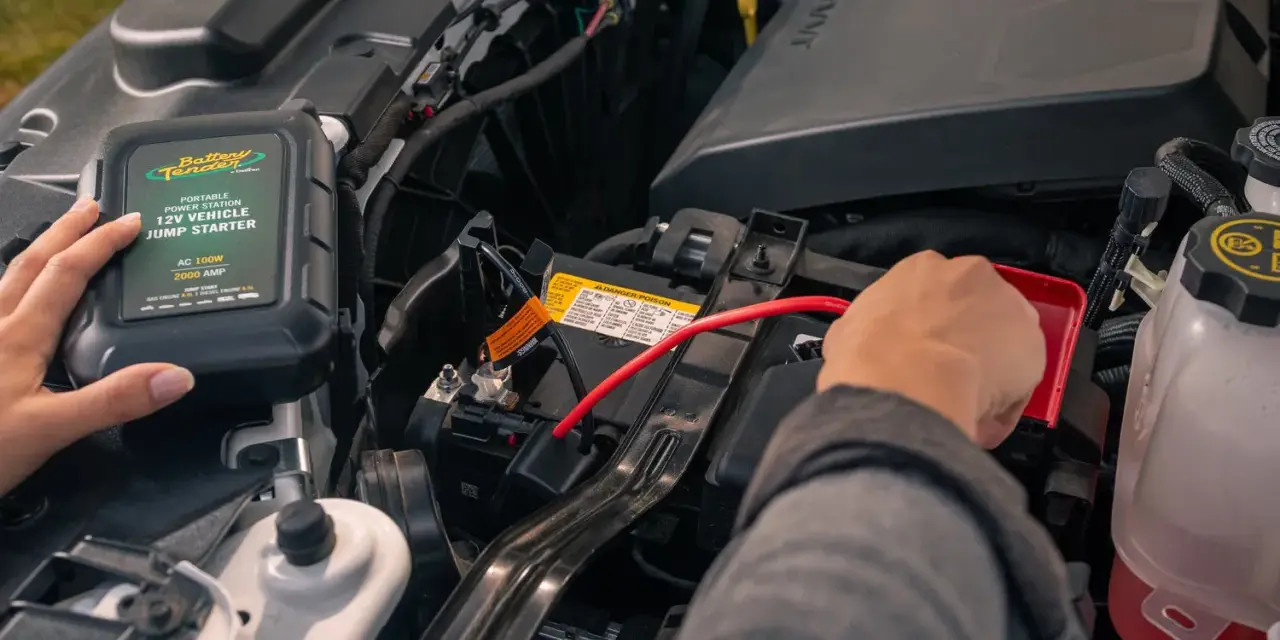 A person connects a Battery Tender jump starter to a car battery. This answers the question: do jump starters come charged?