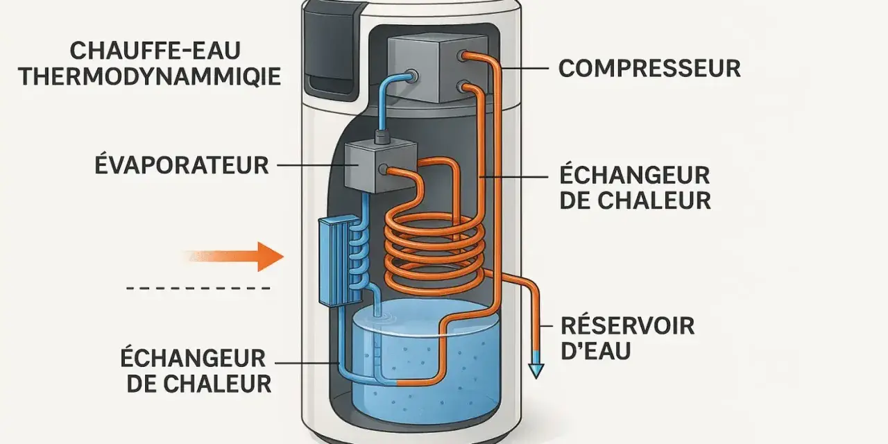 Schéma d'un chauffe-eau thermodynamique : évaporateur, compresseur, échangeur de chaleur et réservoir d'eau.