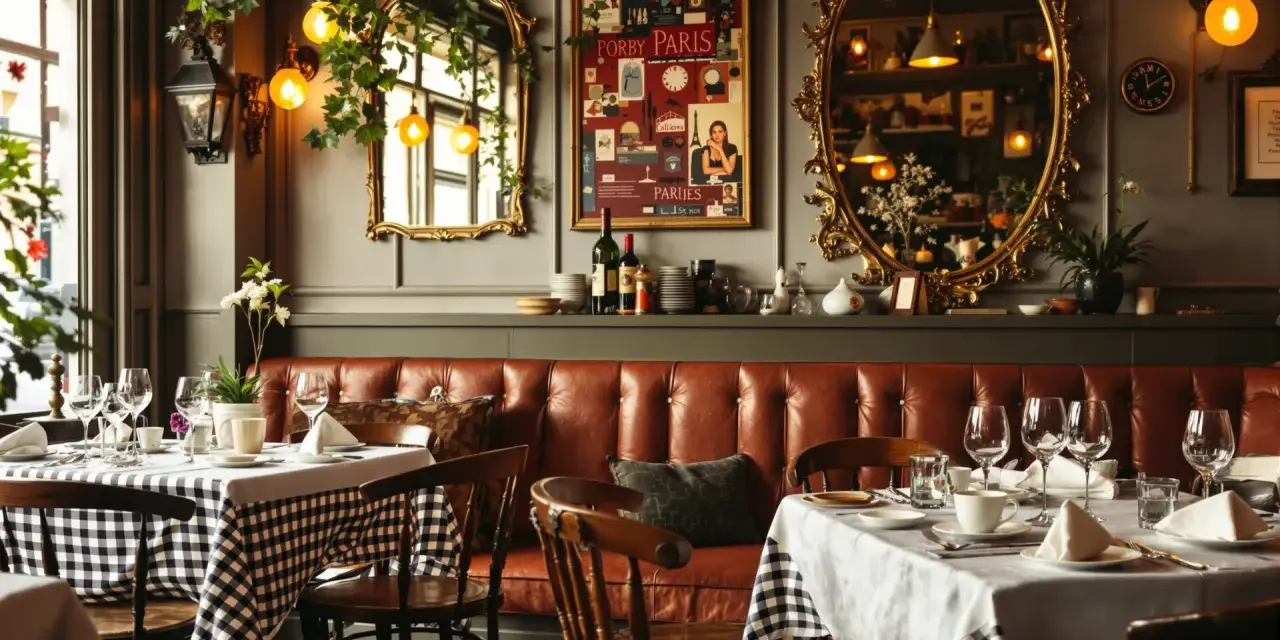 Ambiance chaleureuse d'un déco bistrot parisien avec banquette en cuir, tables dressées et miroirs dorés.