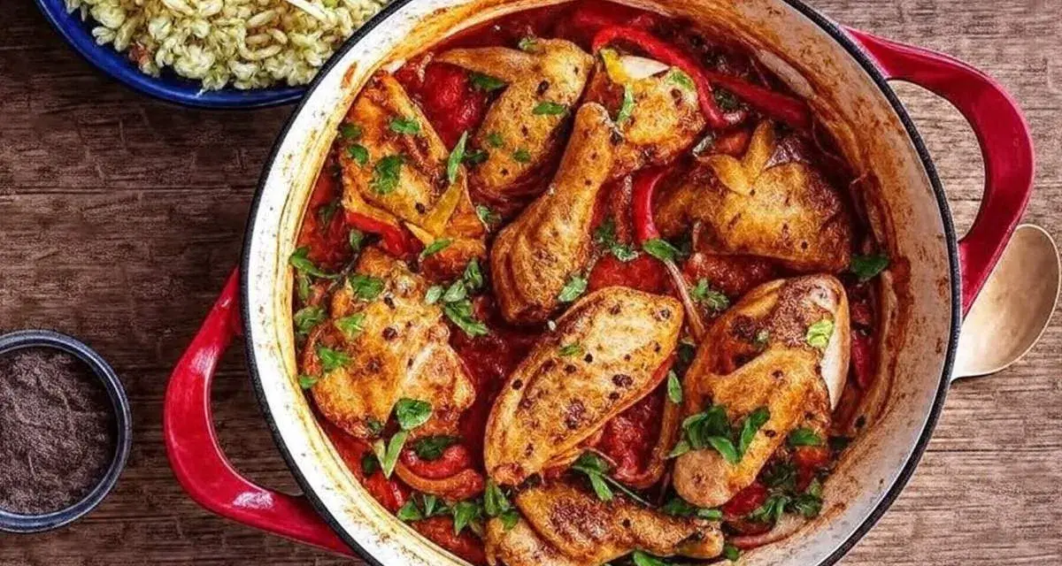 Un plat mijoté de poulet basquaise de ma grand-mère, avec des morceaux de poulet dorés, des poivrons et une sauce tomate savoureuse, garni de persil frais.