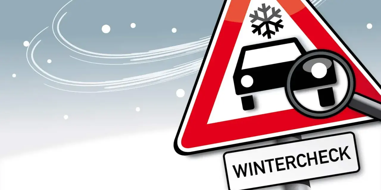 Warnschild mit Auto, Schneeflocke und Lupe, darunter "WINTERCHECK".
