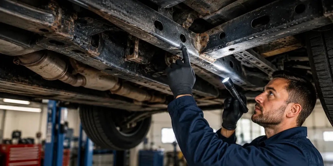 Meccanico esamina il sottoscocca di un'auto, illuminando con una torcia per verificare la conformità all'art. 74 CDS.