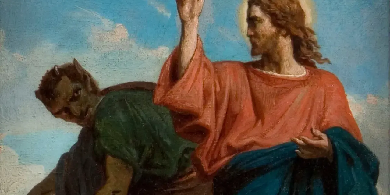 Jesus in the desert, with a devil tempting him from the shadows.