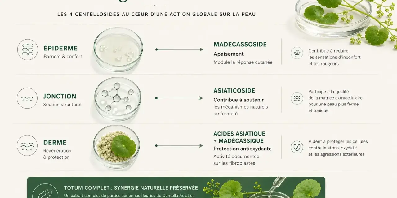 Infographie expliquant l'action de la Centella Asiatica sur la peau, détaillant ses centellosides et leurs bienfaits.