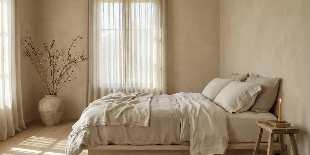 Camera da letto con tonalità neutre e rilassanti, perfette come ispirazione per i colori per camerette ragazzi. Un vaso con rami secchi e una candela aggiungono un tocco naturale.