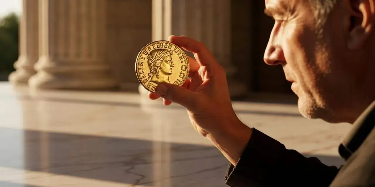 Un homme examine une pièce dorée de 10 centimes Marianne, avec des colonnes en arrière-plan.