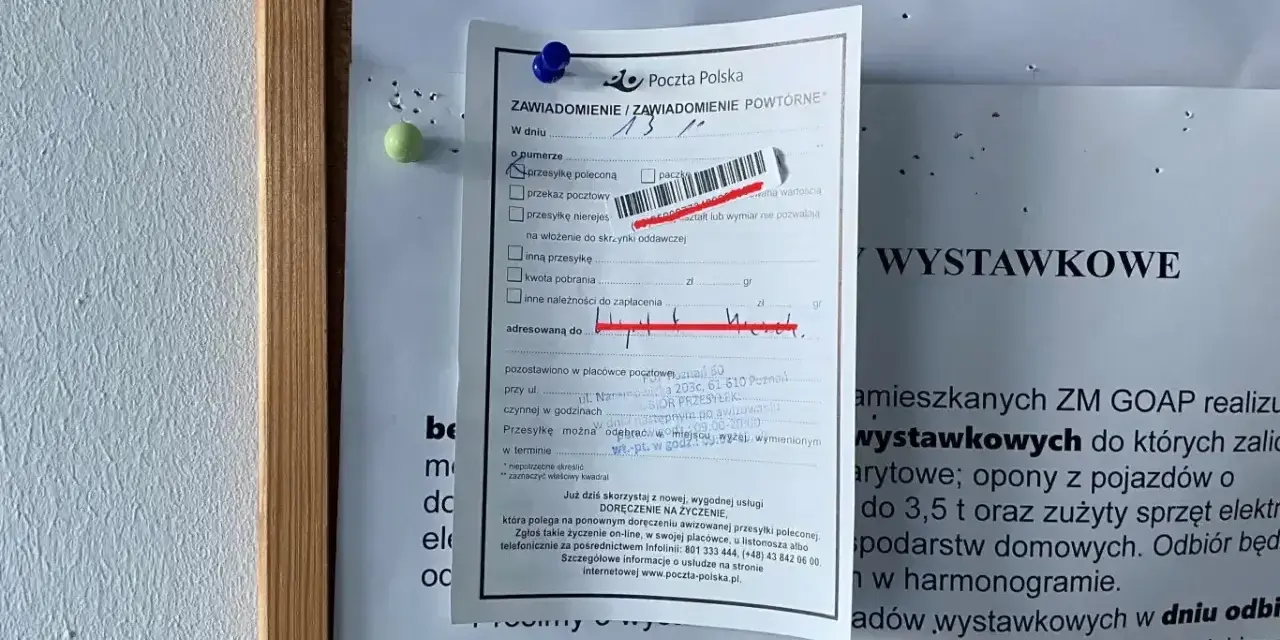 Awizo jak liczyć termin: powtórne zawiadomienie z Poczty Polskiej, z zaznaczonymi polami do wypełnienia i informacją o odbiorze przesyłki.