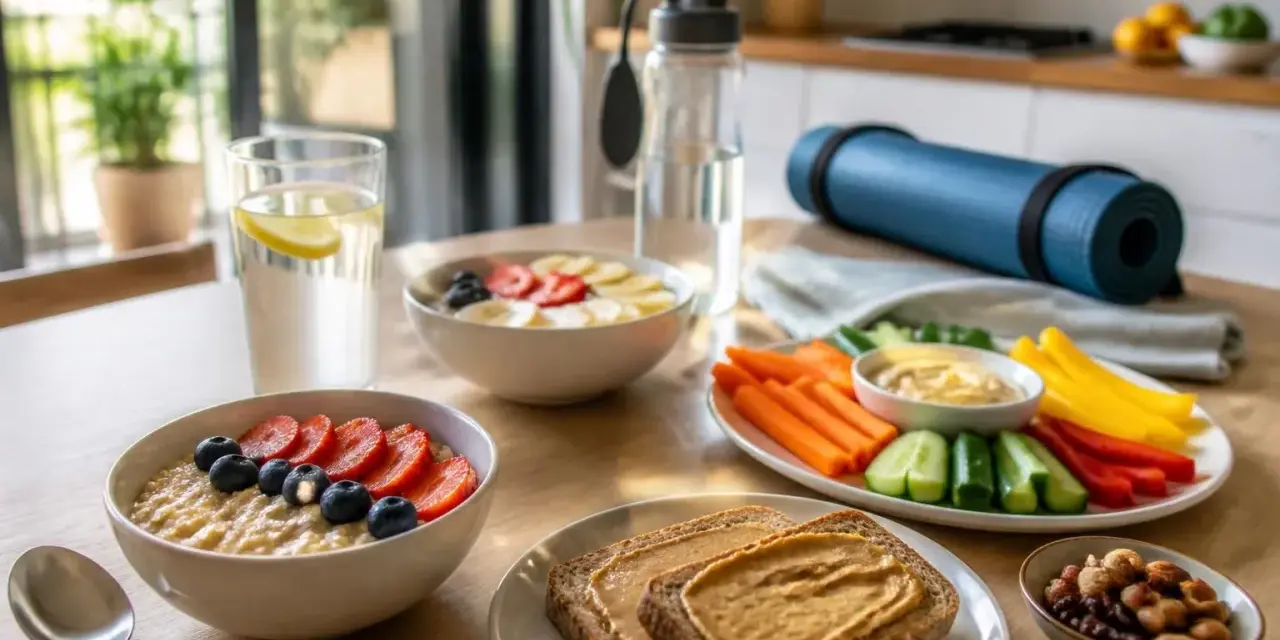 Petit-déjeuner sain pour le sport d'endurance : porridge aux fruits, toasts au beurre de cacahuète, légumes et fruits secs.