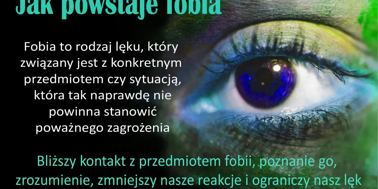 Oko z niebieską tęczówką, na którym widnieje tekst o tym, jak powstaje fobia. Fobia to lęk przed czymś, co nie stanowi zagrożenia.